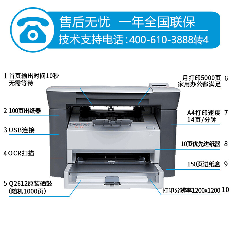惠普(HP)打印机 M1005 A4黑白激光打印复印扫描多功能一体机 用2612a硒鼓